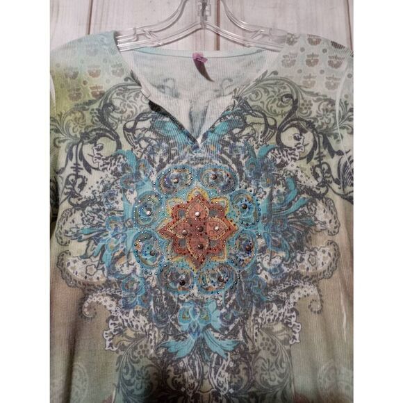 Kiara Shirt Ladies Small Green Long Sleeve V-Neck Boho Y2K Studded - Picture 3 of 7